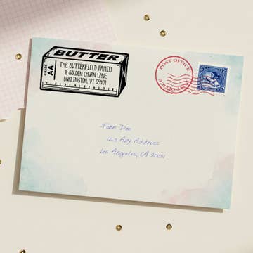 Stick of Butter return address stamp by Salt & Paper on an envelope