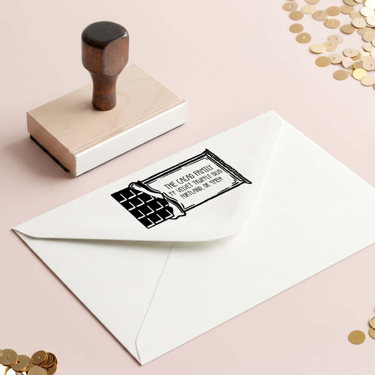 Chocolate Bar Return Address Stamp – stamped impression lifestyle photo