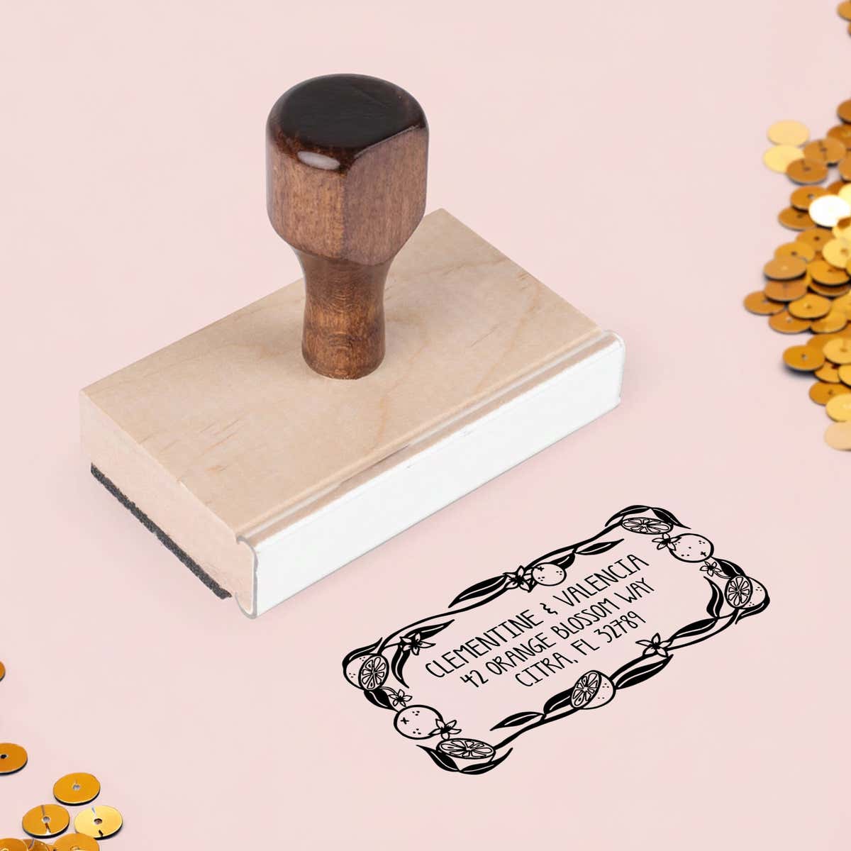 Citrus Grove Return Address Stamp – wood handle stamp on Salt & Paper pink background