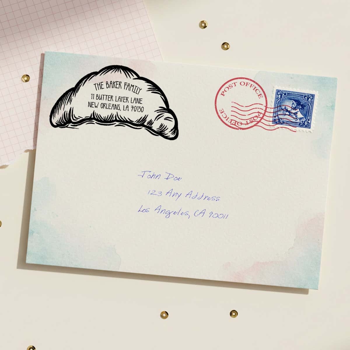 Croissant Return Address Stamp – stamped impression lifestyle photo