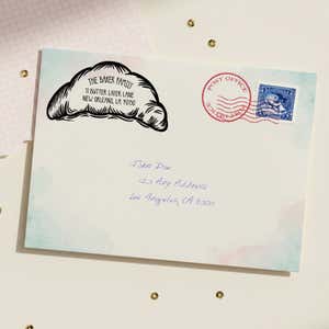 Croissant Return Address Stamp – stamped impression lifestyle photo