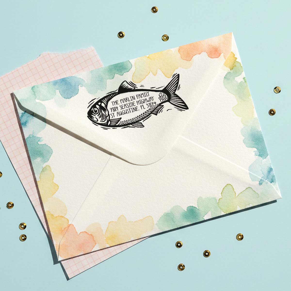Coastal Fish Return Address Stamp – stamped impression lifestyle photo