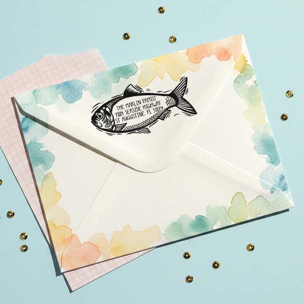 Coastal Fish Return Address Stamp – stamped impression lifestyle photo