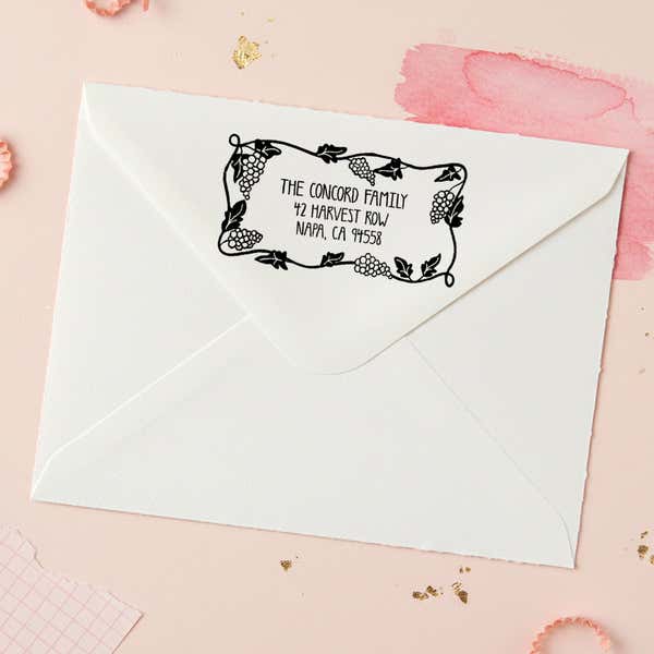 Grapevine Return Address Stamp – stamped impression lifestyle photo