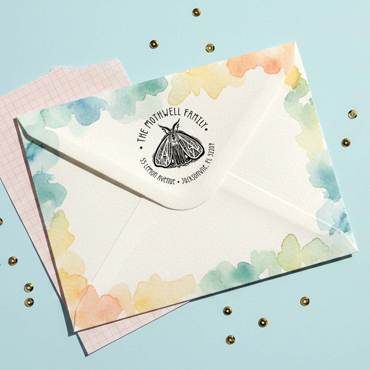 Round Moth Return Address Stamp – stamped impression lifestyle photo