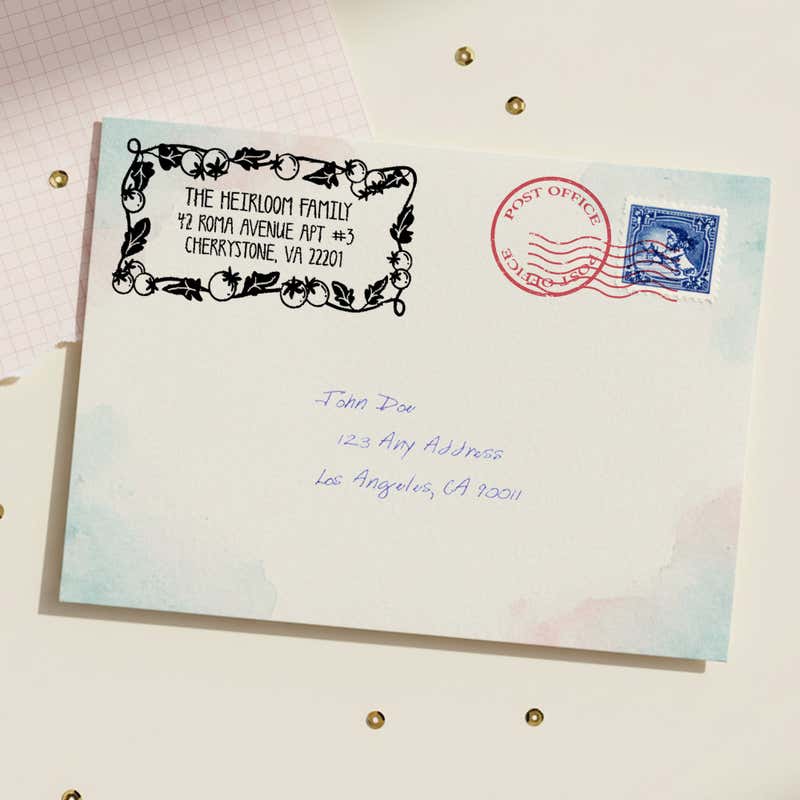 Tomato Vine Return Address Stamp – stamped impression lifestyle photo