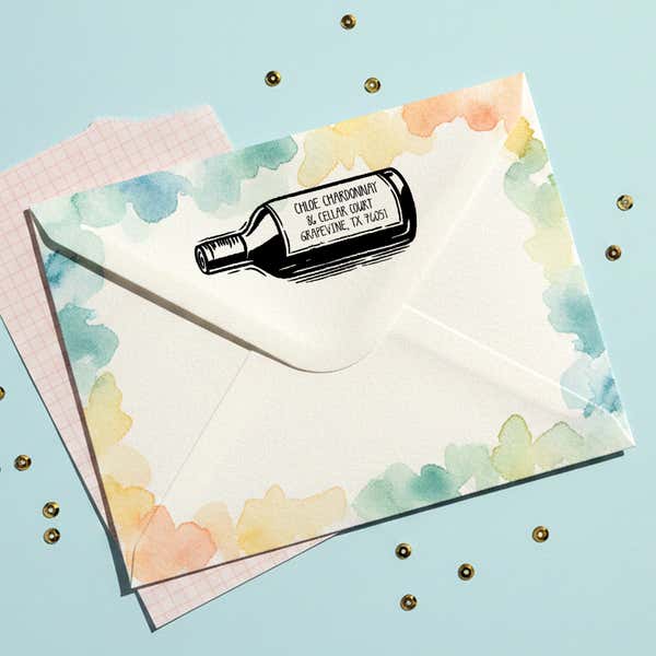 Wine Bottle Return Address Stamp – stamped impression lifestyle photo