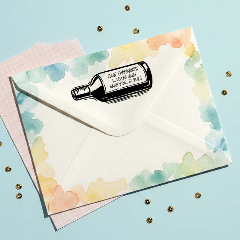 Wine Bottle Return Address Stamp – stamped impression lifestyle photo