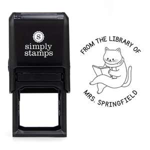 Front view of self-inking stamp body with library book stamp impression example