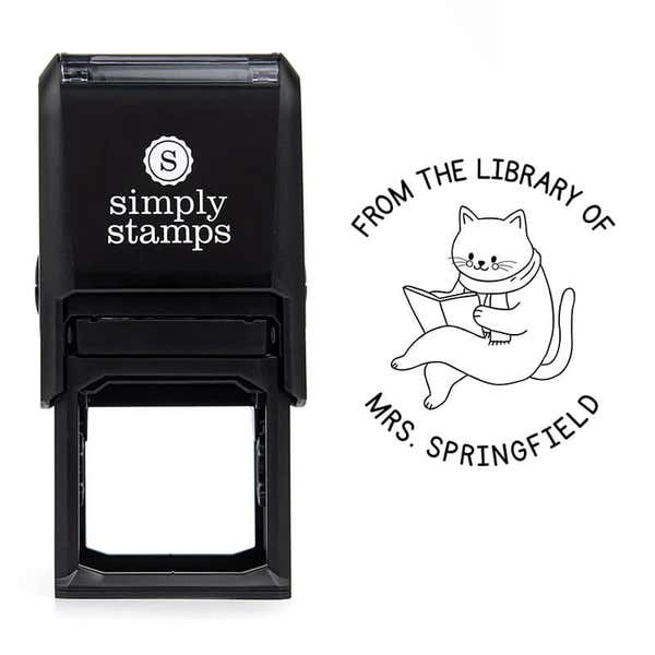 Front view of self-inking stamp body with library book stamp impression example