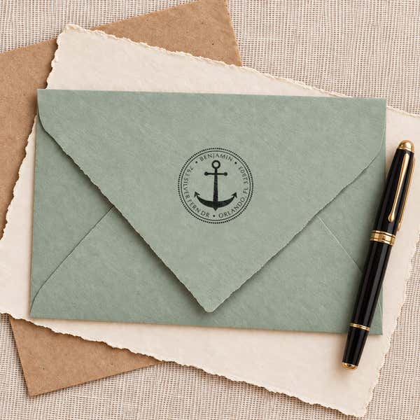 Anchor Round Address Stamp - Self-Inking Imprint Examples on Envelopes
