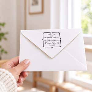 Quote Square Logo Address Stamp in use, with a stamped logo impression on packaging
