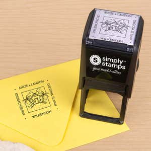 Four Way Square Logo Address Stamp in use, with a stamped logo impression on packaging