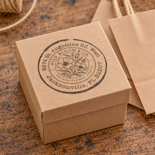 Broken Circle Round Logo Stamp in use, with a stamped logo impression on packaging