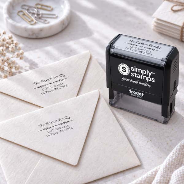 Newman Leafed Out Address Stamp Imprint Example on envelopes next to self-inking stamp body