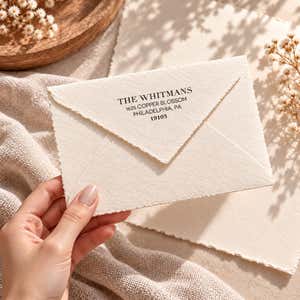 Hand holding an envelope stamped with the Parsons Classic Return Address Stamp