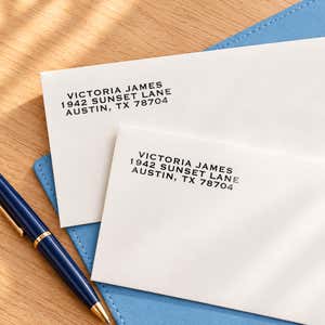 Two envelopes stamped with the Book Style Custom 3 Line Stamp
