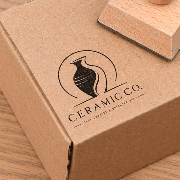Small Wood Handle Custom Logo Stamp in use, with a stamped logo impression on packaging