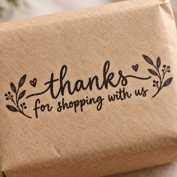 Custom Small Rectangle Logo Stamp in use, with a stamped logo impression on packaging (second view)