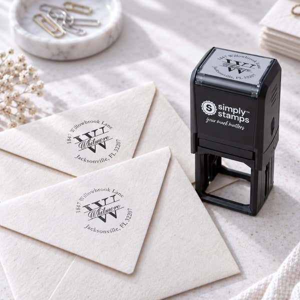 Examples of the Letter Script Name Return Address Stamp used on envelopes
