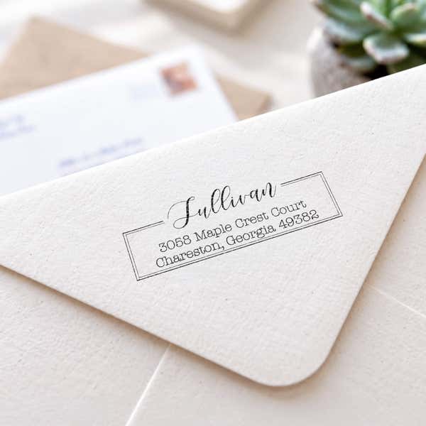 Prentice Fancy Border Address Stamp impression on an envelope