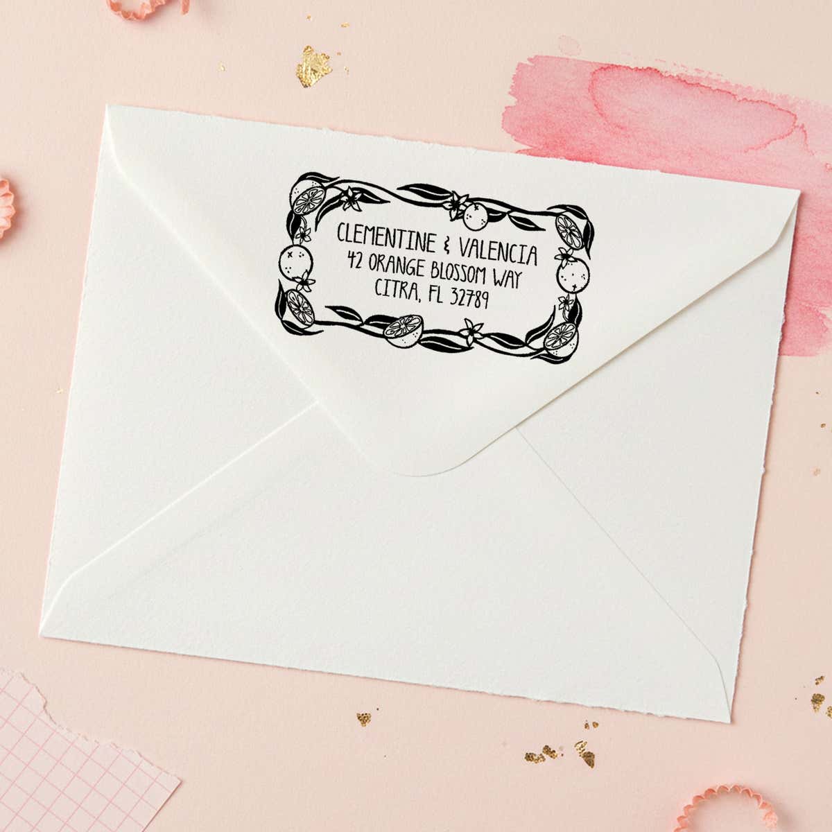Citrus Grove Return Address Stamp – stamped impression lifestyle photo