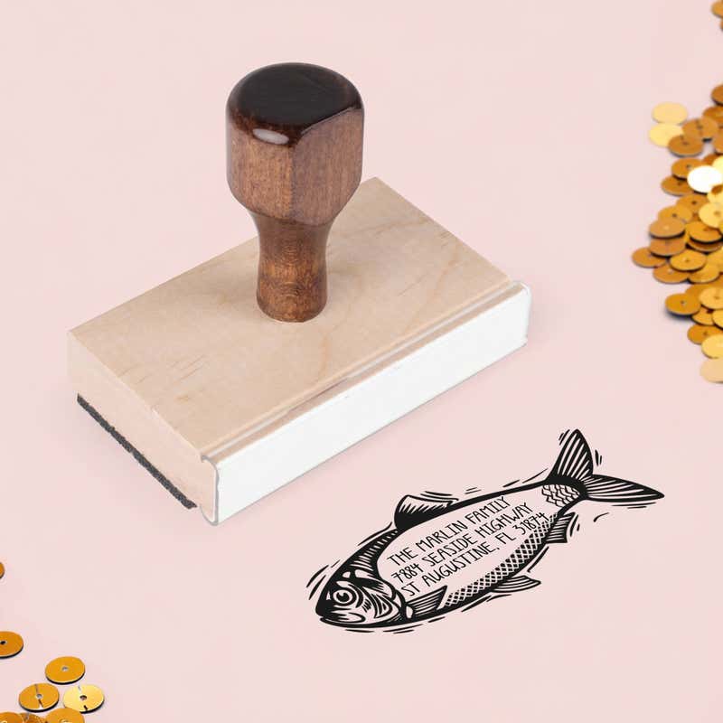 Coastal Fish Return Address Stamp – wood handle stamp on Salt & Paper pink background