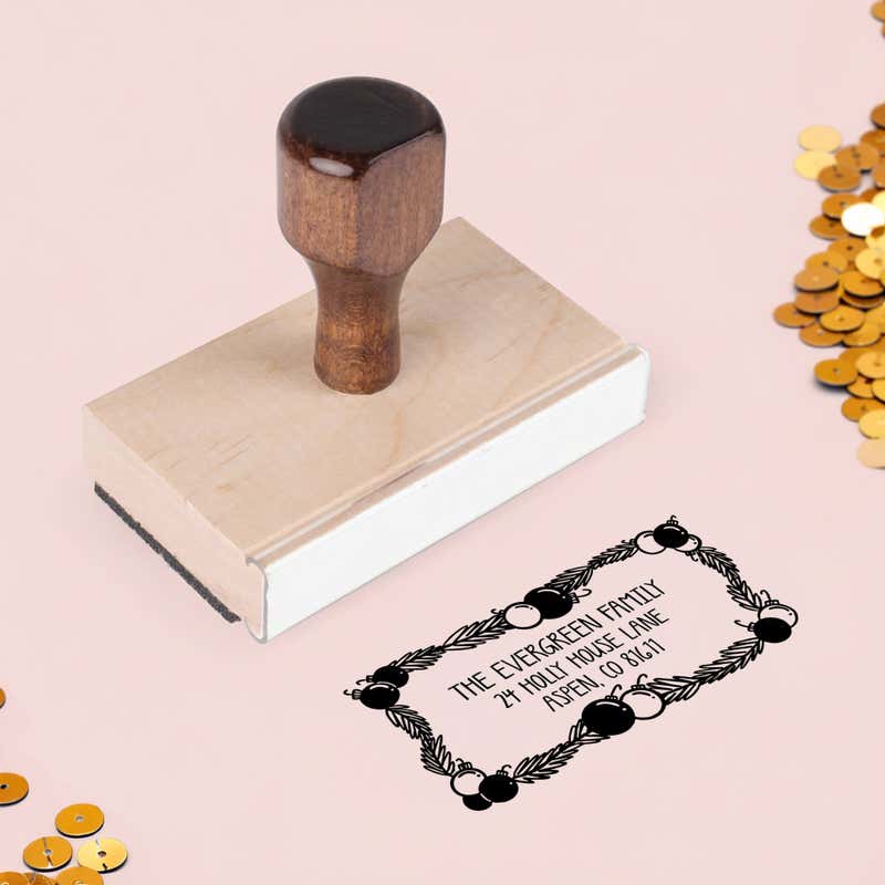 Ornament Garland Return Address Stamp – wood handle stamp on Salt & Paper pink background