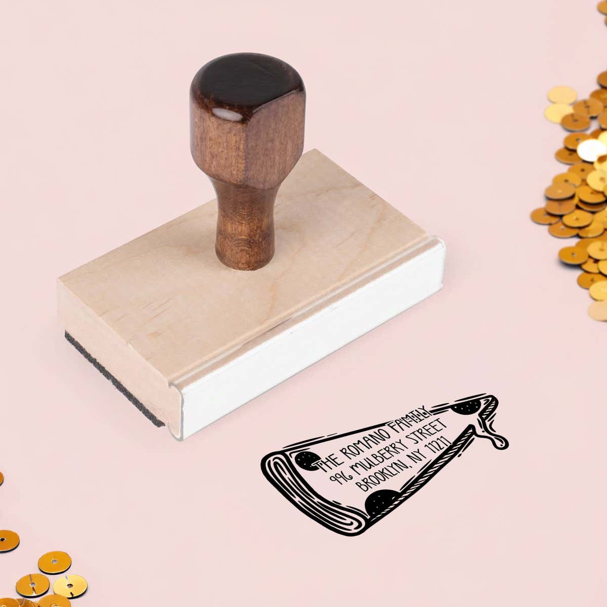 Pizza Slice Return Address Stamp – wood handle stamp on Salt & Paper pink background