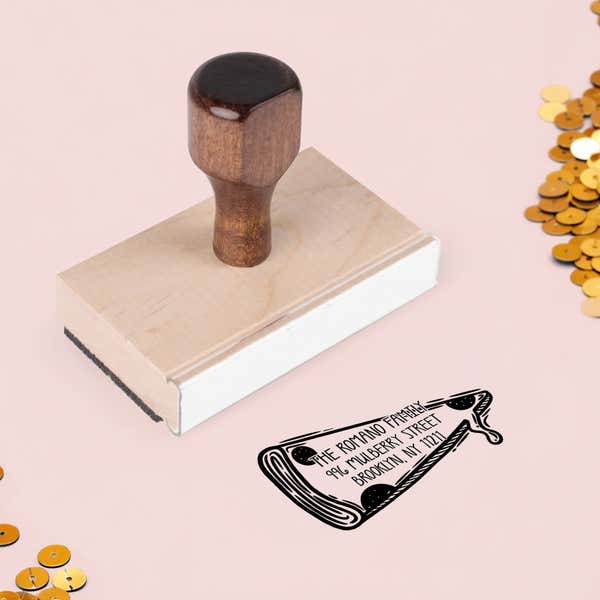 Pizza Slice Return Address Stamp – wood handle stamp on Salt & Paper pink background