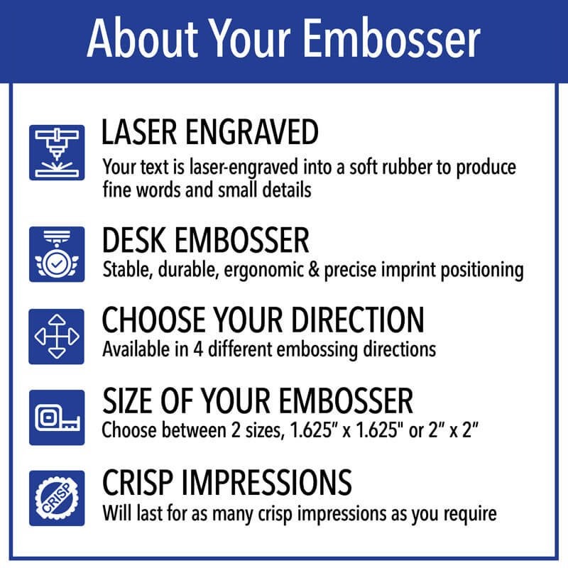 Infographic outlining key embosser features including laser engraving, desk model design, direction options, impression sizes, and crisp imprint quality