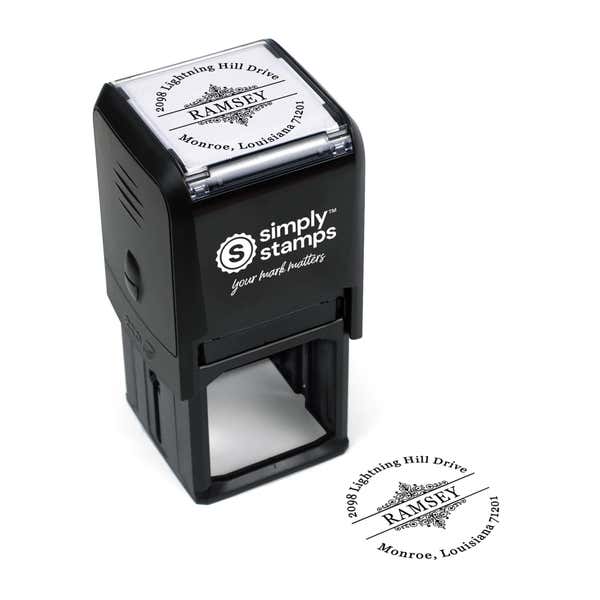 Top angle view of the Ramsey Vintage Deco Address Stamp with its impression