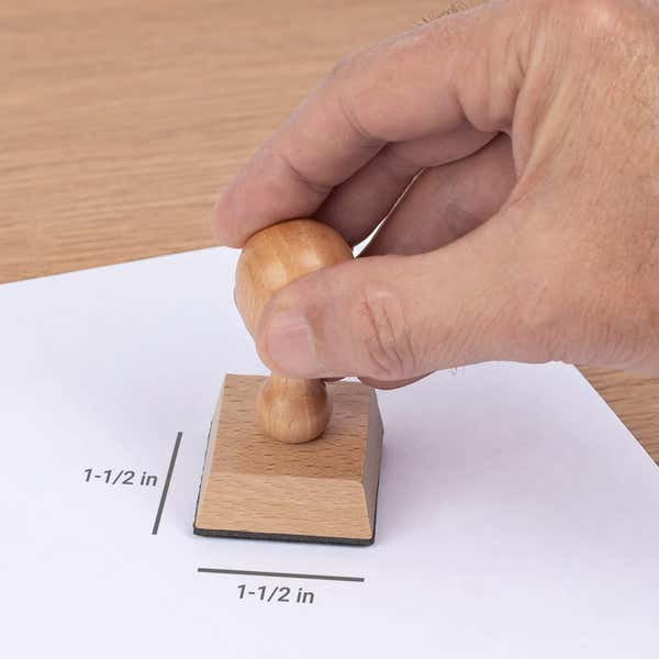 Diagram showing the impression area dimensions of the 4 Corner Deco Border European Wood Handle Hand Stamp