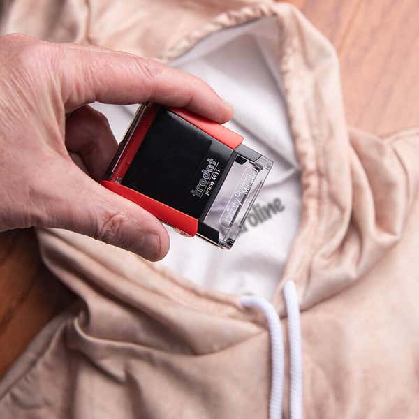 The small and compact Trodat Printy 4911 clothing stamp leaves a durable impression on the inside of sweatshirtsof sweatshirts