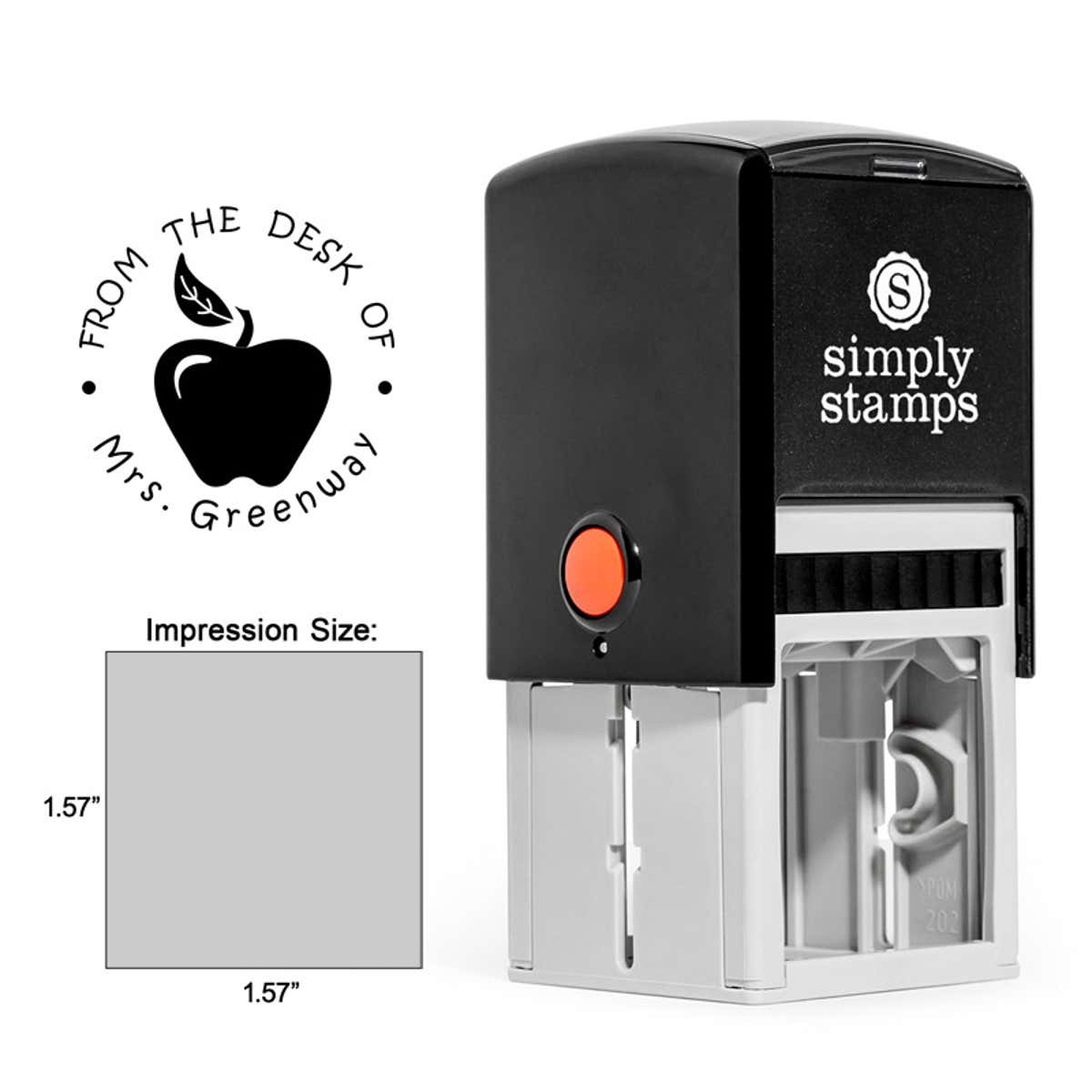 The Bold Apple From the Desk of Teacher Stamp comes with the Trodat Self-Inking 4924 stamp body