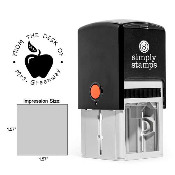 The Bold Apple From the Desk of Teacher Stamp comes with the Trodat Self-Inking 4924 stamp body