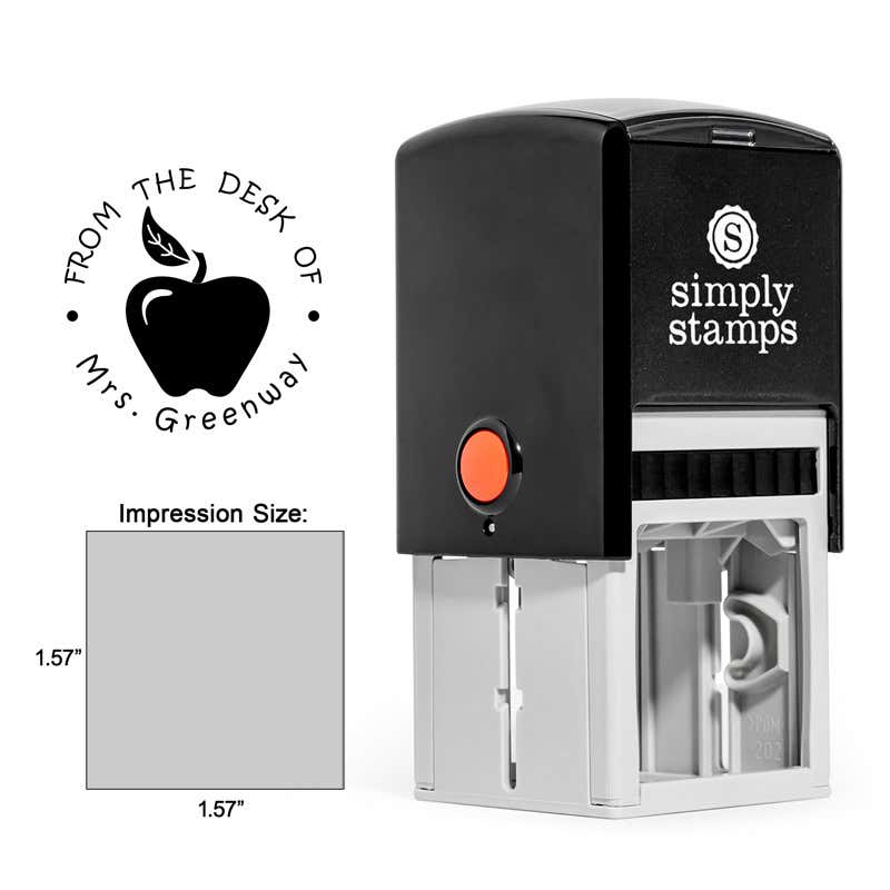 The Bold Apple From the Desk of Teacher Stamp comes with the Trodat Self-Inking 4924 stamp body