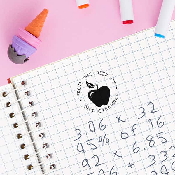 Example of the Bold Apple From The Desk Of Teacher Stamp on looseleaf paper