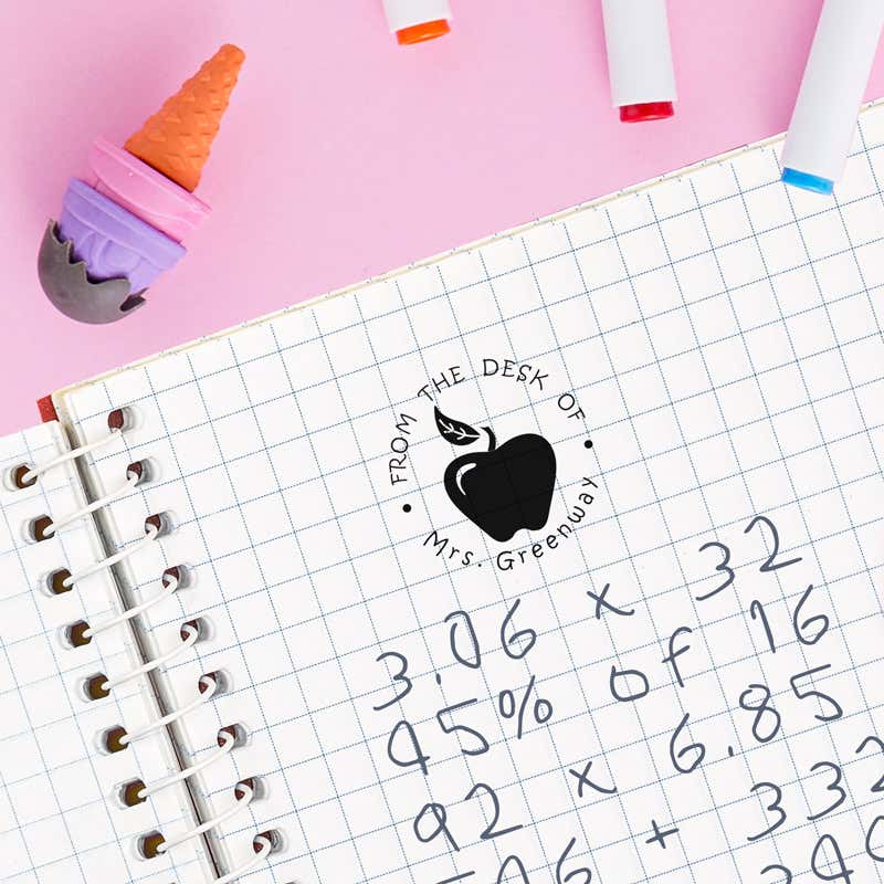 Example of the Bold Apple From The Desk Of Teacher Stamp on looseleaf paper
