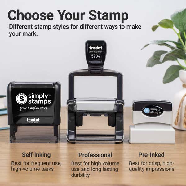 Comparison of the pre-inked stamp types available for the Self-Inking Logo Address Stamp