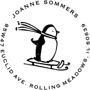 Holiday address stamp design featuring ‘Sledding Penguin Holiday’ with personalized family name and address.