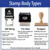 Stamp body type infographic showing difference between wood handle, pre inked, and self inking stamp