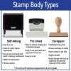 Stamp body type infographic showing difference between wood handle, pre inked, and self inking stamp