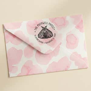 Round Moth Return Address Stamp – stamped impression lifestyle photo