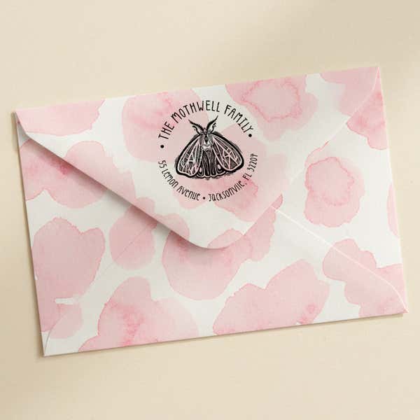 Round Moth Return Address Stamp – stamped impression lifestyle photo