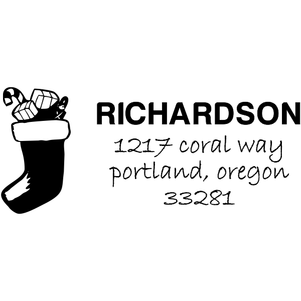 Holiday address stamp design featuring ‘Richardson Stocking’ with personalized family name and address.