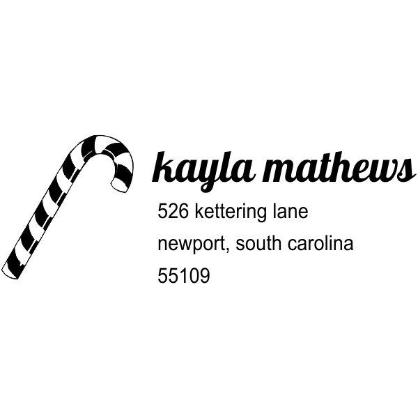 Holiday address stamp design featuring ‘Mathews Candy Cane’ with personalized family name and address.