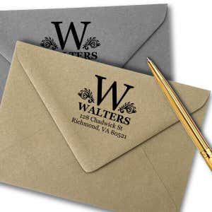 Artistic Floral Accented Bold Monogram Return Address Stamp Imprint Example