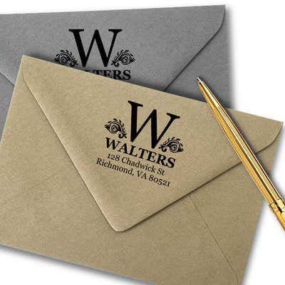 Artistic Floral Accented Bold Monogram Return Address Stamp - alternate view