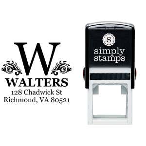 Artistic Floral Accented Bold Monogram Return Address Stamp Body and Design